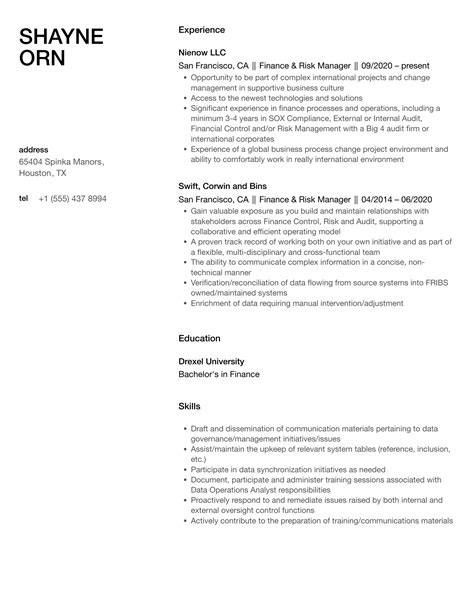 Finance Risk Manager Resume Samples Velvet Jobs