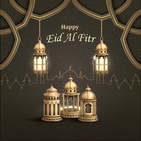 Happy eid al fitr islamic greeting card design with lantern and crescent moon | Premium Vector