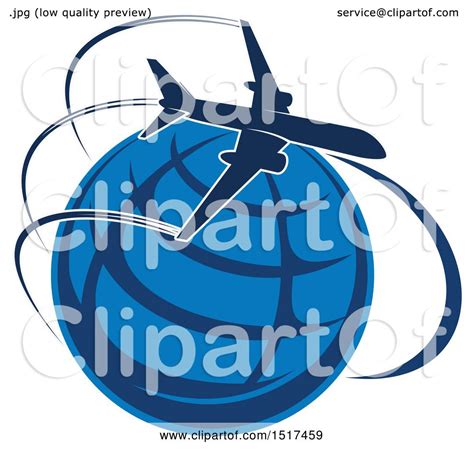 Clipart Of A Blue Globe With A Plane And Flight Path Royalty Free