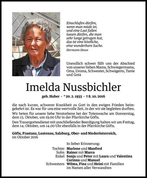 Todesanzeigen Von Imelda Nussbichler Todesanzeigen Vorarlberger