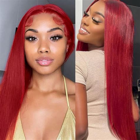 Amazon Derun Red Human Hair Straight Wig 136 T Part Lace Front