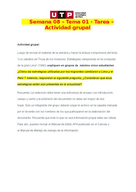 Semana Tema Tarea Actividad Grupal Problemas Y Desafios