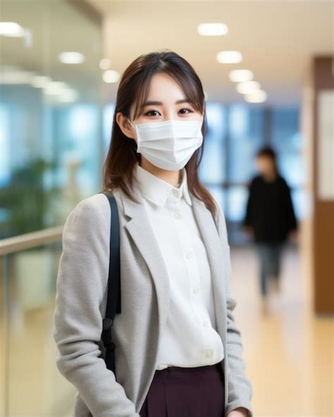 Premium Ai Image Asian Woman Wearing A Surgical Mask In An Office