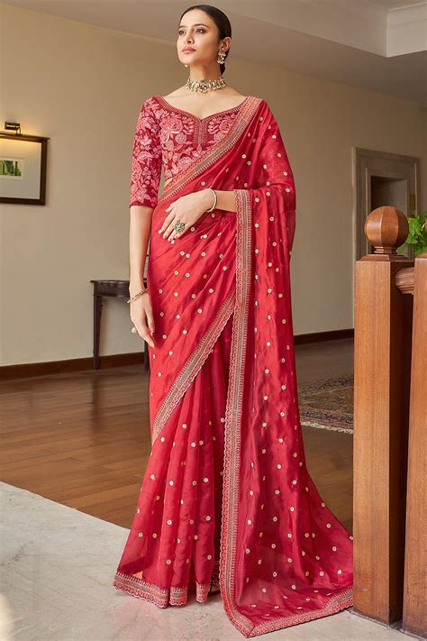 Buy Red Soft Organza Silk Embroidered Saree Online Like A Diva