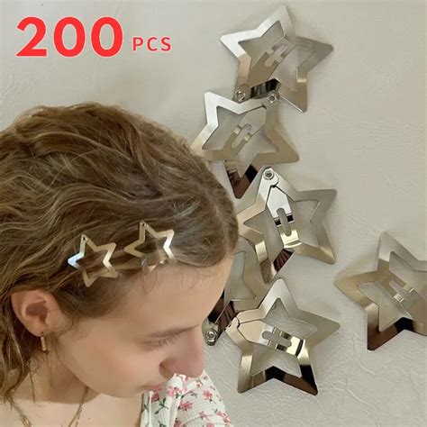 2 200pcs Silver Star Hair Clips For Girl Y2k Filigree Star Metal Snap Clip Hairpins Barrettes