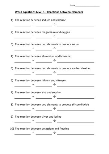 Word Equations Worksheet Chemistry Ks3 Gcse Teaching Resources