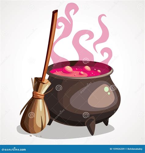 Cartoon Witch Cauldron And Broom For Halloween Stock Vector