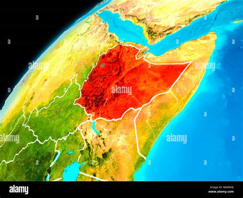 Orbit View Of Ethiopia Highlighted In Red With Visible Borderlines On