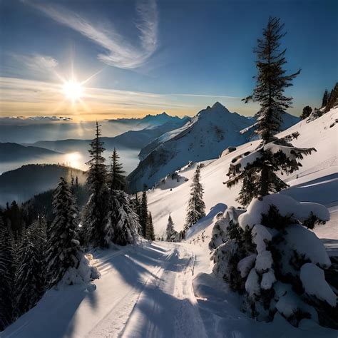 Premium AI Image | A snowy mountain with a mountain and a sunset in the ...