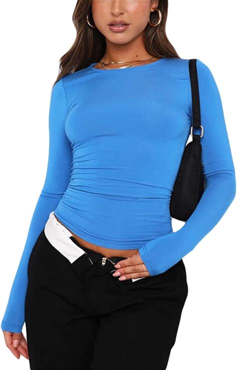 Hodjiu Crop T Shirt Met Lange Mouwen Voor Dames Effen Stretchtop Met