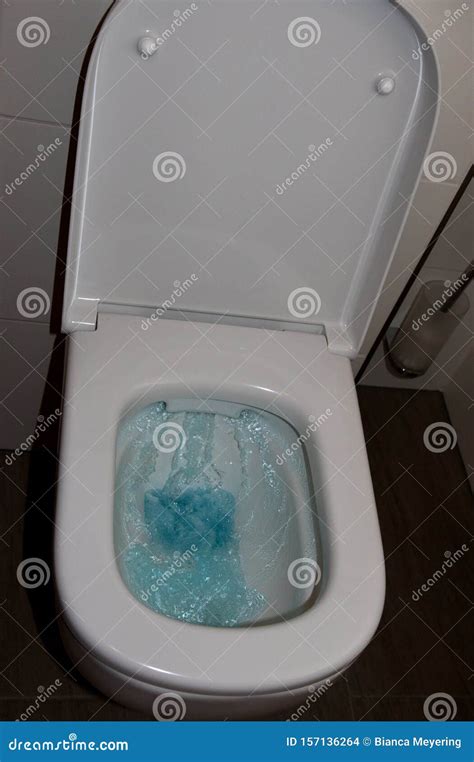 Total View of a Toilet with Rising Blue Water in the Bathroom Stock ...