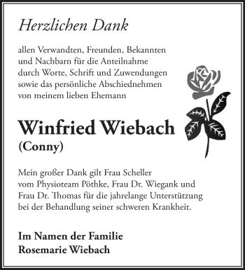 Traueranzeigen von Winfried Wiebach Märkische Onlinezeitung Trauerportal