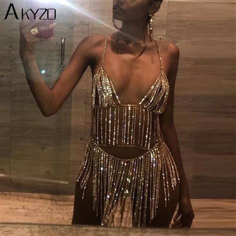 Akyzo Sexy Metal Chain Silver Rhinestone Dress Women Summer Tassel Sequins Sparkling 2 Two Piece