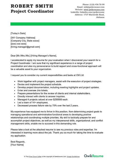 Project Coordinator Cover Letter Examples Qwikresume