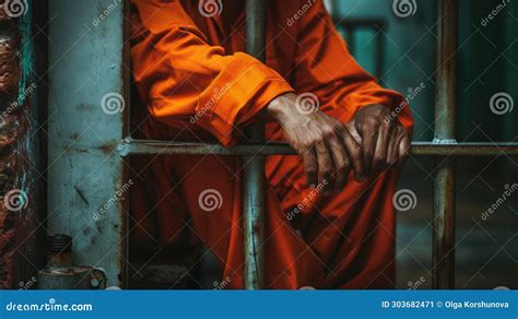 Inmate In Orange Uniform Behind Prison Bars Stock Image Image Of