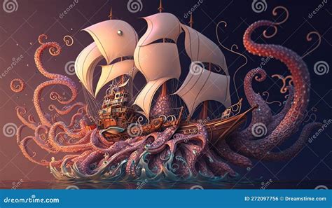 Veleiro E Polvo Gigante Kraken Ai Generativo Ilustração Stock