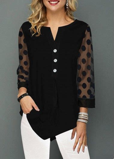 Button Detail Asymmetric Hem Lace Panel Blouse Usd 27