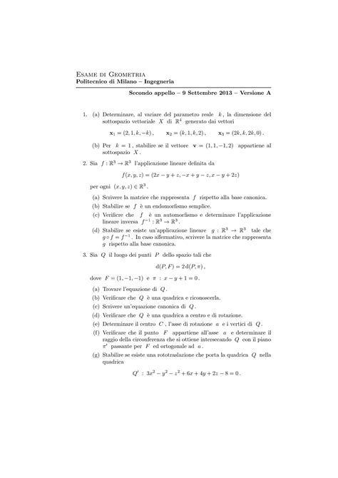 Tema 2013 0909 Analisi Esame Di Geometria Politecnico Di Milano