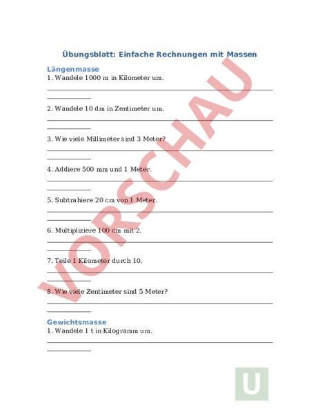 Arbeitsblatt Übungsblatt Einfache Rechnungen mit Massen Mathematik