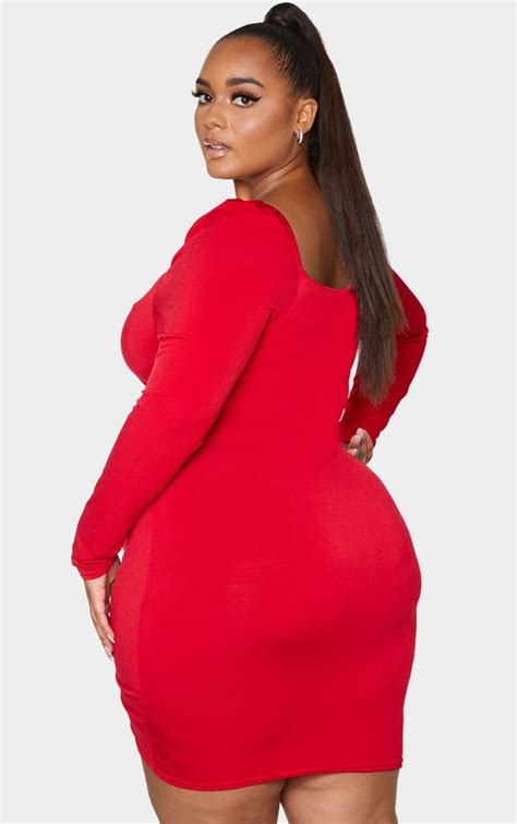 Plus Red Ruched Front Long Sleeve Bodycon Dress Long Sleeve Bodycon