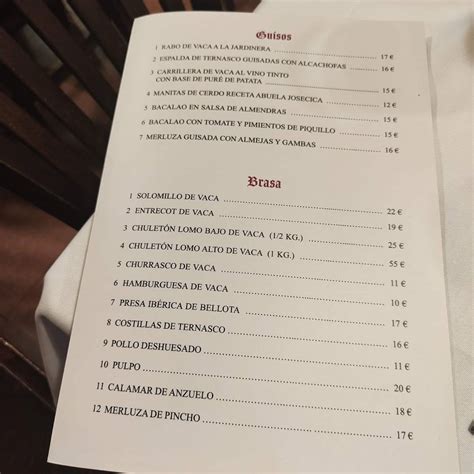 Carta de Restaurante Brasería La Josecica Zaragoza