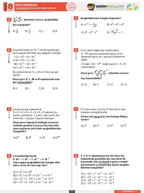 8 Sınıf Üslü İfadeler Lgs DiŞi Çıkmış Sorular Pdf