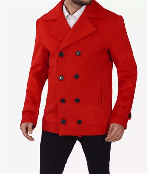 Red Pea Coat Men Double Breasted Wool Coat