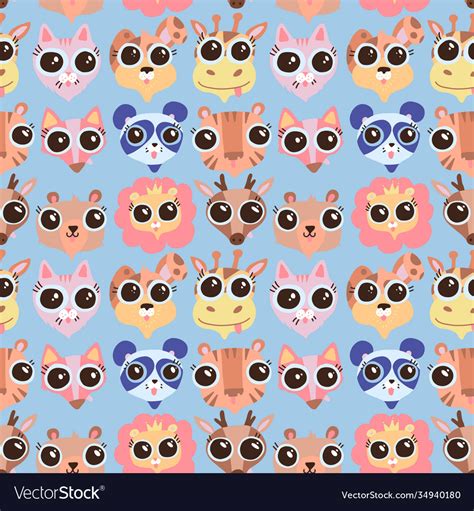 Cute Cartoon Animals Faces Seamless Pattern Vector Image