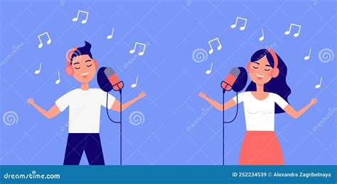 Vocalist Man And Woman In Headphones Singing In Microphone In Sound