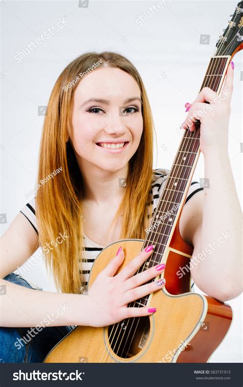 Shot Teenager Girl Sitting Acoustic Guitar Stock Photo 583731913