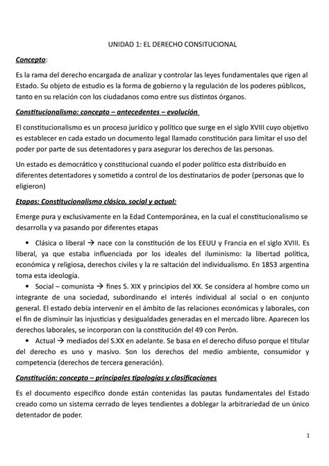 Resumen 1 Parcial Derecho UNIDAD 1 EL DERECHO CONSITUCIONAL