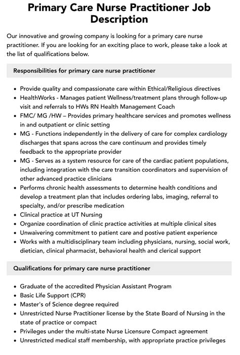 Primary Care Nurse Practitioner Job Description Velvet Jobs