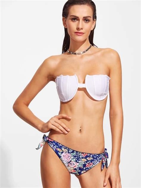 White Floral Print Bandeau Bikini Set Printed Bandeau Bandeau Bikini