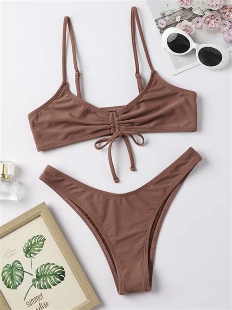 Shein Swim Basics Mono Bikini Set Drawstring Wireless Bra Top High