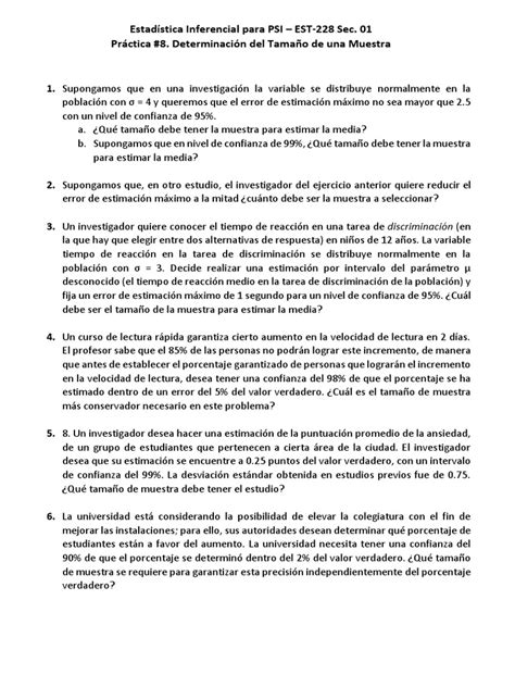 Practica 8 Ejercicios Determinacion Tamaño De Muestra Pdf Intervalo De Confianza Teoría