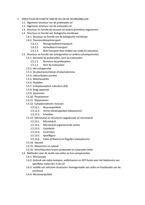 Inhoudstafel Celbio Deel Structuur En Functie Van De Cel En De