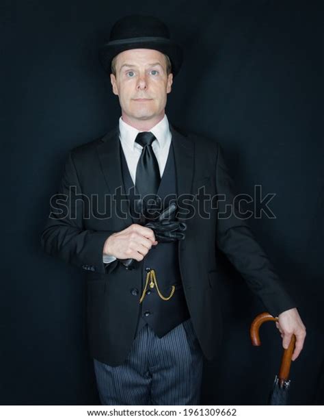 Portrait Businessman Dark Suit Bowler Hat Stock Photo