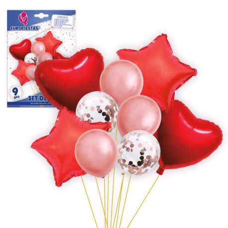 Set Globos 9 Piezas Corazones Rojos