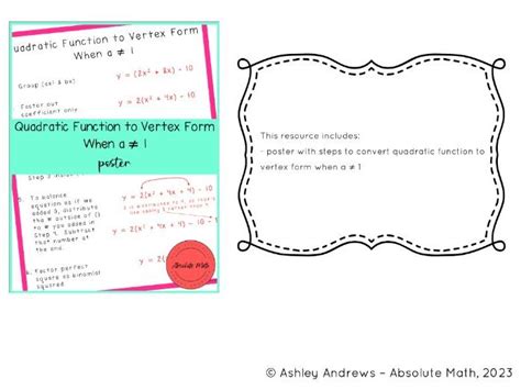 Quadratic Function to Vertex Form When a ≠ 1 Poster | Teaching Resources