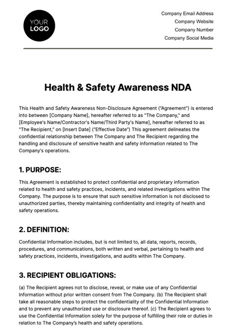 Free Health & Safety Awareness NDA Template to Edit Online