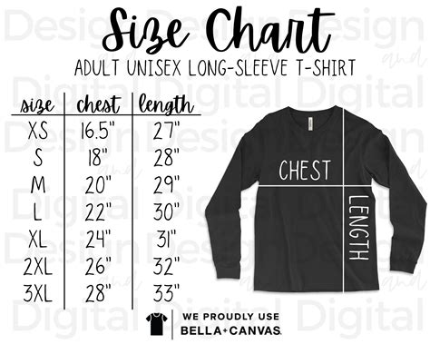 Bella Canvas 3501 Size Chart Unisex Long Sleeve Size Chart Etsy Australia