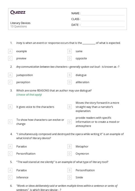 50+ Literary Devices worksheets for 8th Class on Quizizz | Free & Printable