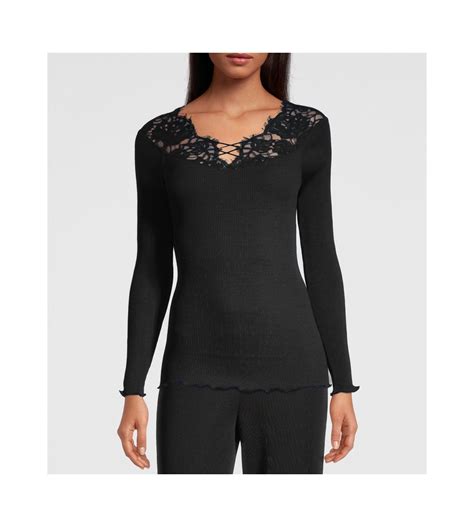 Oscalito Top Noir En Laine Et Soie Avec Dentelle Chantilly Lingerie