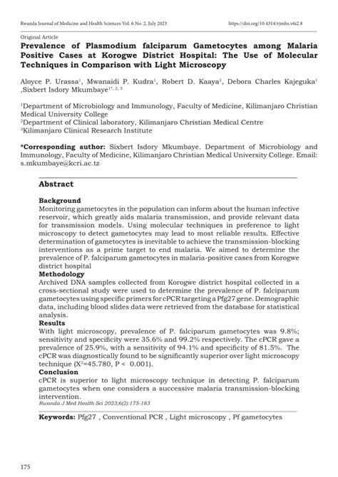 (PDF) Prevalence of Plasmodium falciparum Gametocytes among Malaria Positive Cases at Korogwe ...