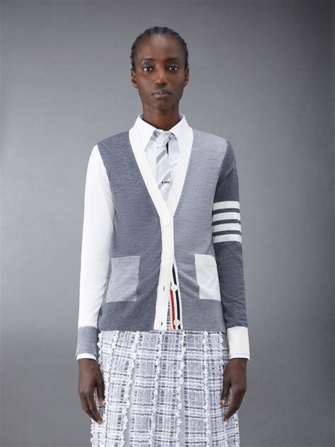 Fun Mix Fine Merino Bar Relaxed V Neck Cardigan Thom Browne