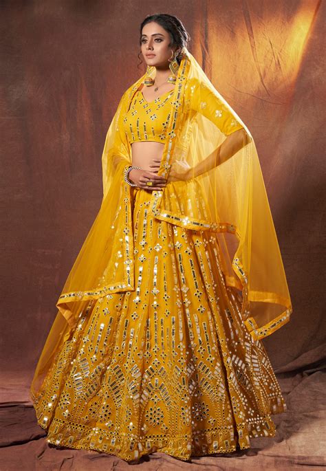 Yellow Georgette Mirror Work Lehenga Choli