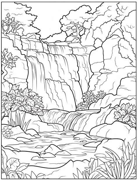 A Waterfall In The Middle Of A Forest With Trees And Flowers On It