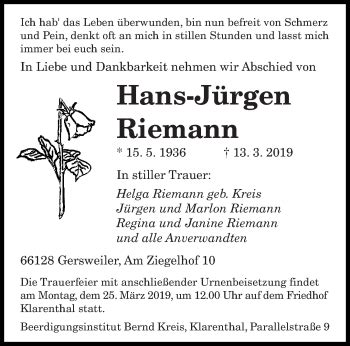 Traueranzeigen Von Hans J Rgen Riemann Saarbruecker Zeitung Trauer De