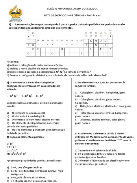 Exercícios De Tabela Periódica - Lista de Exercícios - 9º Ano p2 - 1º Bimestre | PDF | Tabela periódica ...