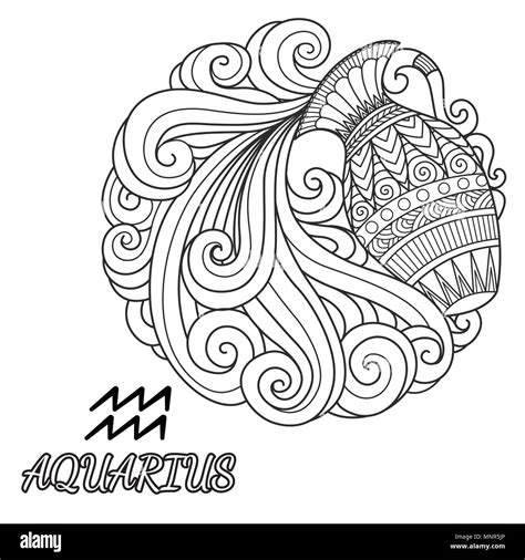 Line art design of Aquarius zodiac sign for design element and coloring book page. VEctor ...